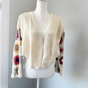 Sincerely Jules Crochet Sleeve Cardigan Cream Boho Granny Square Sweater M